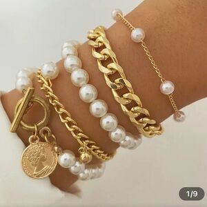 NWT‎ 5pcs Cuban Chain Bracelet Set With White Pearls,Beads ,Vintage Style